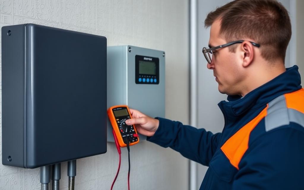 Técnico diagnosticando inversor solar parado